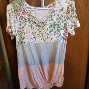 Maurices Floral and Striped Short Sleeve Top